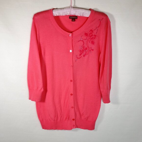 Y2K Vtg MERONA bright coral button up Cardigan Sweater Beaded Embroidered - Picture 1 of 8